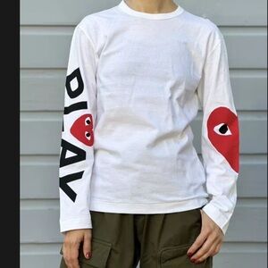 Comme des Garcons PLAY White Long Sleeve Tee with Red and Black Accents